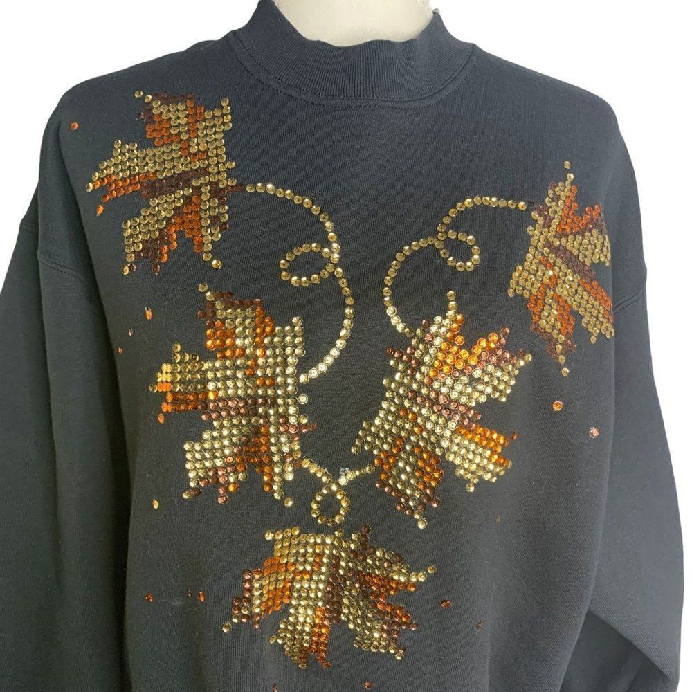 Vintage Sequin Pullover Crewneck Sweatshirt L Black Fleece Autumn Leaves Fall